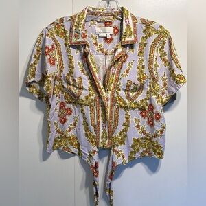 Anthropologie Women's Medium Crop Top with Vintage FLoral and Cross Pattern